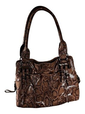B. Makowski Brown Snakeskin Embossed Leather Satchel Shoulder Bag EUC